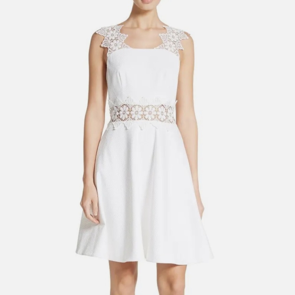 White Ted Baker London Dress with Gold Zipper Detail and Lace